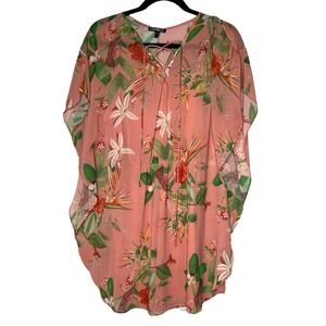 Express Floral Tunic Lined Blouse‎ Small Tropical Boho Tie Neck Flowy Top V Neck